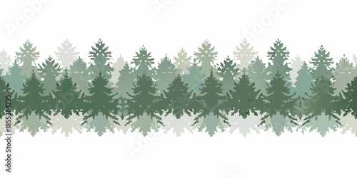 A serene landscape featuring a dense silhouetted forest against a white background