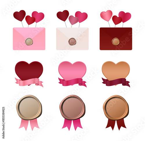 クリムゾンレッドとローズゴールドのバレンタインアイコンセット、封筒から飛び出すハートの風船とリボン付きシーリングスタンプ、高級感のあるラブレターとウェディング装飾用ベクターイラスト