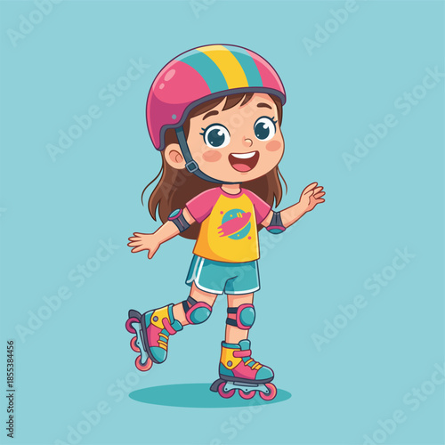 Cute cartoon girl on roller skates with helmet and pads.