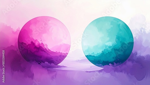 Two spherical orbs rendered with watercolor, merging with clouds, vibrant pink/teal contrast
