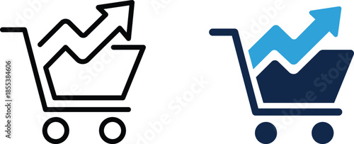 Online business growth and success symbol visual shopping cart with an upward trending graph