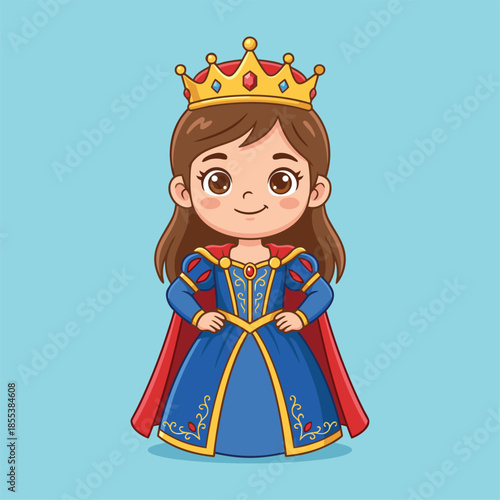 Cute cartoon princess wearing a crown and a blue dress with a red cape.