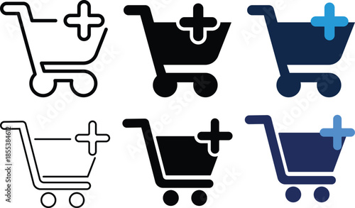 E- commerce business care visual symbol shopping cart with plus signs representing adding items to a cart