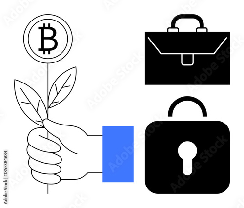 Cryptocurrency, fintech, investment, financial security, portfolio management, blockchain technology. A hand holding a Bitcoin plant with briefcase and lock icons. Cryptocurrency and fintech ideas