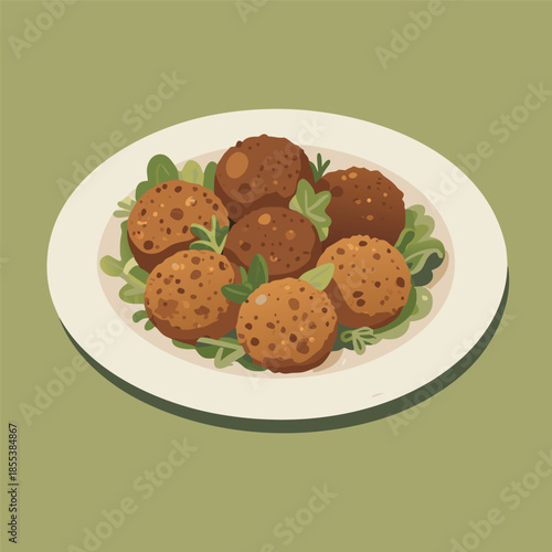 Delicious Falafel Balls on a White Plate with Greens.