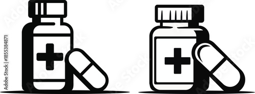 Pill bottle and capsule sign with medical cross symbol