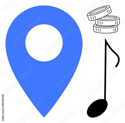 Digital navigation, music distribution, location-based services, creative economy, financial technology, streaming platforms. Blue map pin, musical note and coin stack. Navigation and music