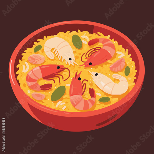 Delicious Paella Dish with Shrimp and Peas.