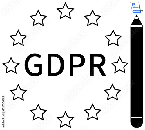 European stars encircling GDPR text, pen symbolizing legislation, data privacy document. Ideal for data protection, compliance, legal policy, governance, security, EU regulations simple flat