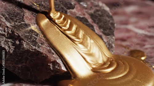 Dark moody rose quartz marble slab texture dramatically illuminated by strong side lighting highlighting rough stone edges and thick liquid gold metallic paint running down creative, stone, detail