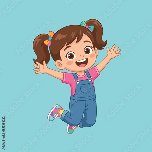 Happy Cartoon Girl Jumping with Joy.