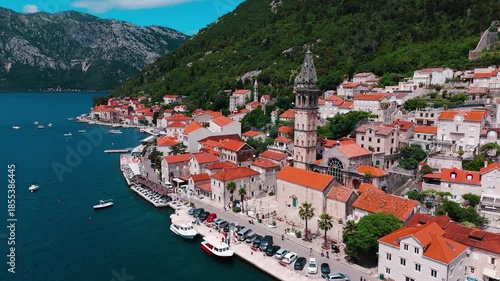 Perast Town aerial view in Kotor Bay in Montenegro
