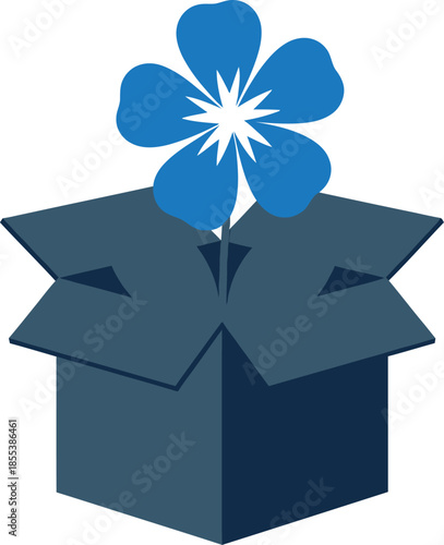 Blue flower emerging from an open cardboard box