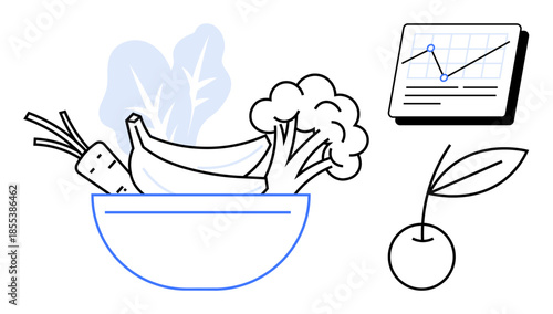 Bowl with carrot, banana, broccoli, cherry, leafy greens, and a chart highlighting nutrition data. Ideal for health, diet meal planning sustainability wellness education and analytics. Simple