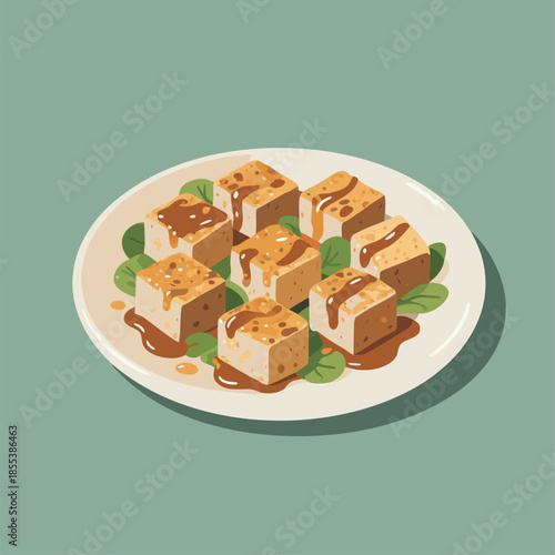 Delicious Tofu Cubes with Savory Sauce on a Plate.