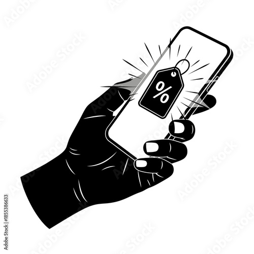 Hand holding phone with discount tag.