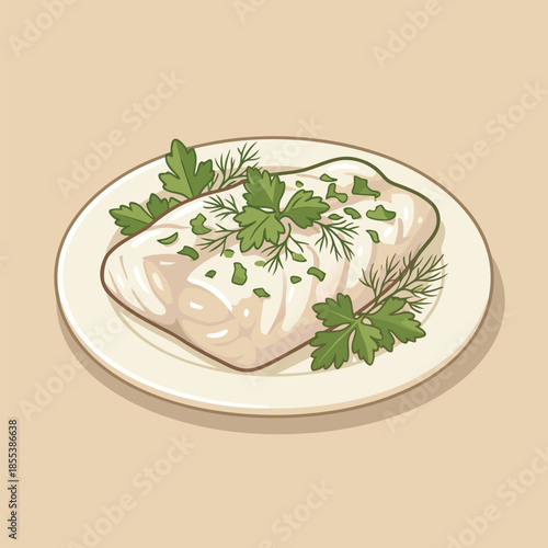 Delicious white fish fillet with fresh herbs on a plate.
