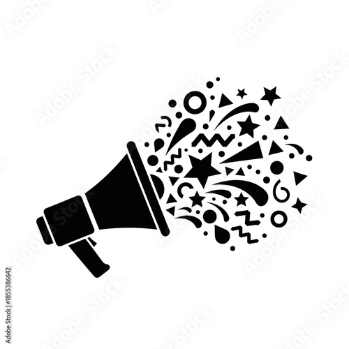 Megaphone Emitting Confetti and Shapes.