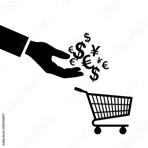 Global Currency Payment for Shopping Cart Hand Giving Money E-commerce Transaction.