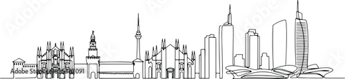 Minimal black single-line illustration of Milan skyline, isolated