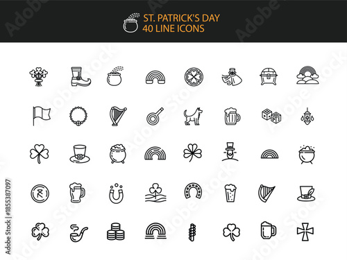 St Patricks Day Line Icons Collection With Rainbows And Shamrocks ireland holiday