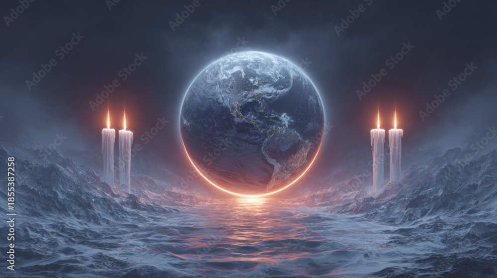 Fototapeta premium A luminous Earth hovers above a dark, stormy sea, rimmed by fiery light and flanked by tall candles, creating a dramatic, mystical scene ideal for climate or spirituality themes.