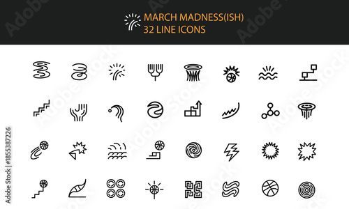 March Madness inspired sports and abstract line icons on white background basketball