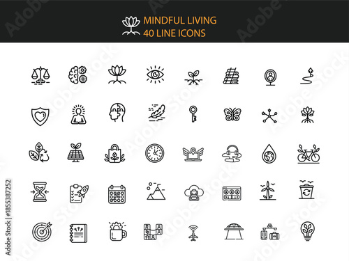 Mindful Living Line Icons For Lifestyle And Nature Concepts line art symbol