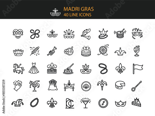 Mardi Gras themed line icons collection on white background carnival celebration