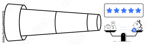 Evaluation concept. Telescope, balance scales, and five-star rating evaluation, financial assessment, and quality measurement. Evaluation in business, finance life decisions. Perfect for marketing