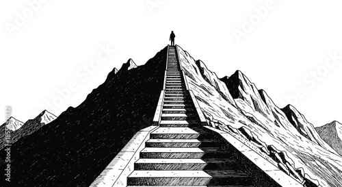 A person ascending a steep mountain staircase to a pointed summit