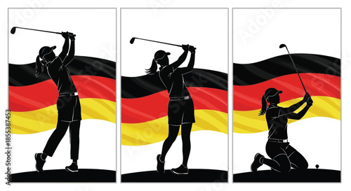 Silhouette of a woman playing golf in front of the german flag