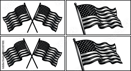 American flag waving illustration set, USA patriotic symbols, national freedom banner, vintage engraving style, independence celebration design