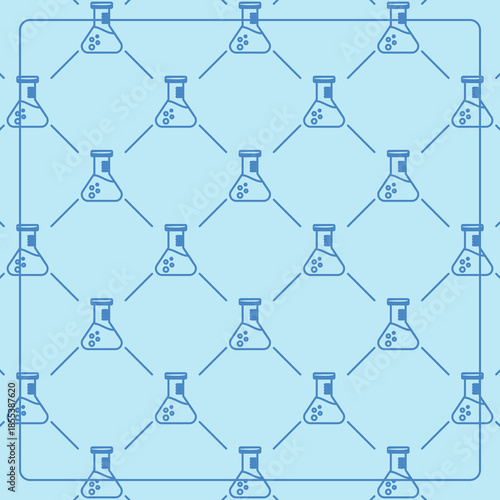 Seamless pattern on a blue background with chemical bottle icons. Line design for posters, social media, and banner templates.