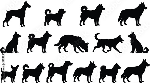 Dog silhouette icons set, various breeds and poses, canine pet animals, black shapes, walking sitting running dog collection