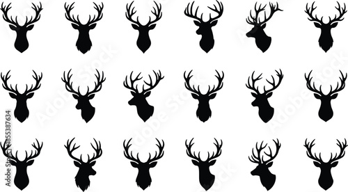 Deer head silhouette icons set, stag antlers trophy collection, wild forest animal symbols, hunting logo, black wildlife illustration