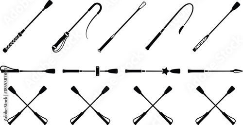 Equestrian riding crop and whip icons set, horse training equipment, jockey tools, black silhouette collection, equine sport symbols