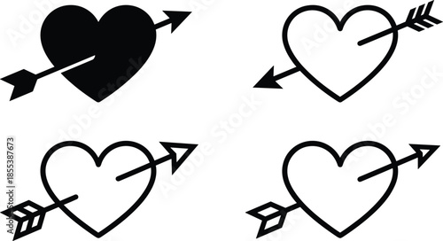 Heart and arrow love icons set, romantic symbols of passion, relationship, valentine design, wedding decoration, emotional connection illustration