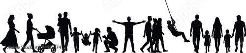 Family life stages silhouette set, people growth from childhood to adulthood, parents, children, lifestyle, generation, human development concept