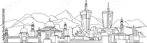 Single line art skyline of Muscat city with iconic landmarks.
