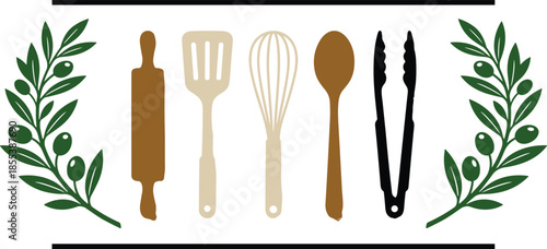 Kitchen utensils silhouette set, cooking tools with olive branch decoration, culinary equipment icons, restaurant kitchen design, food preparation concept