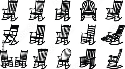 Rocking chair silhouette icons set, classic wooden rocking chairs, vintage seating furniture collection, home decor and interior design elements