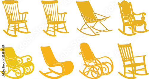 Rocking chair silhouette collection, wooden and modern rocking chairs, furniture design set, vintage home decor seating illustration