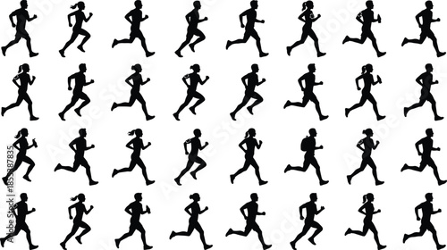 Running people silhouette icons set, male and female joggers in motion, fitness exercise poses, marathon training, sport action collection