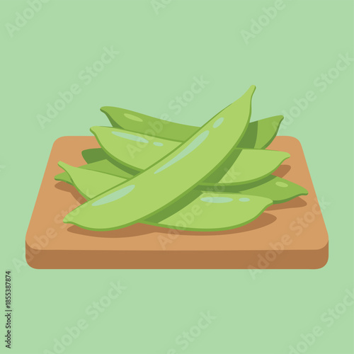 Fresh green snap peas on a wooden cutting board.