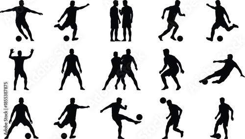Soccer player silhouette icons set, football actions and poses, dribbling, kicking, teamwork scenes, black sport illustration collection