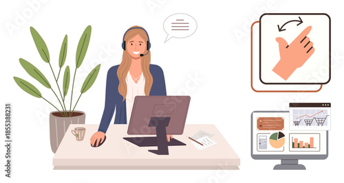 Female support agent with headset using computer, speech bubble overhead, potted plant beside. Nearby, touchscreen gesture and analytics dashboard displayed. Ideal for customer support, remote work