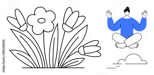 Mindfulness, meditation, nature, relaxation, wellness, inner peace. Person meditating in yoga pose near flowers and clouds. Mindfulness and meditation concept highlighted through floral and serene