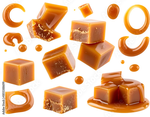 Glossy caramel cubes and swirls with molten drips on black