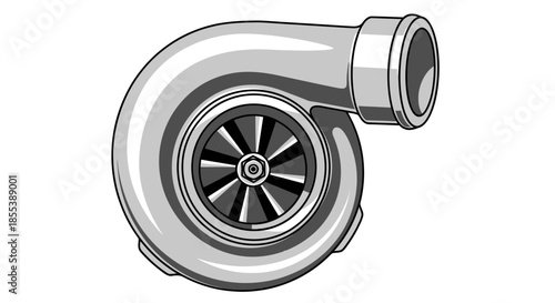 A grayscale vector illustration depicts a detailed automotive turbocharger, symbolizing enhanced engine performance and mechanical engineering.